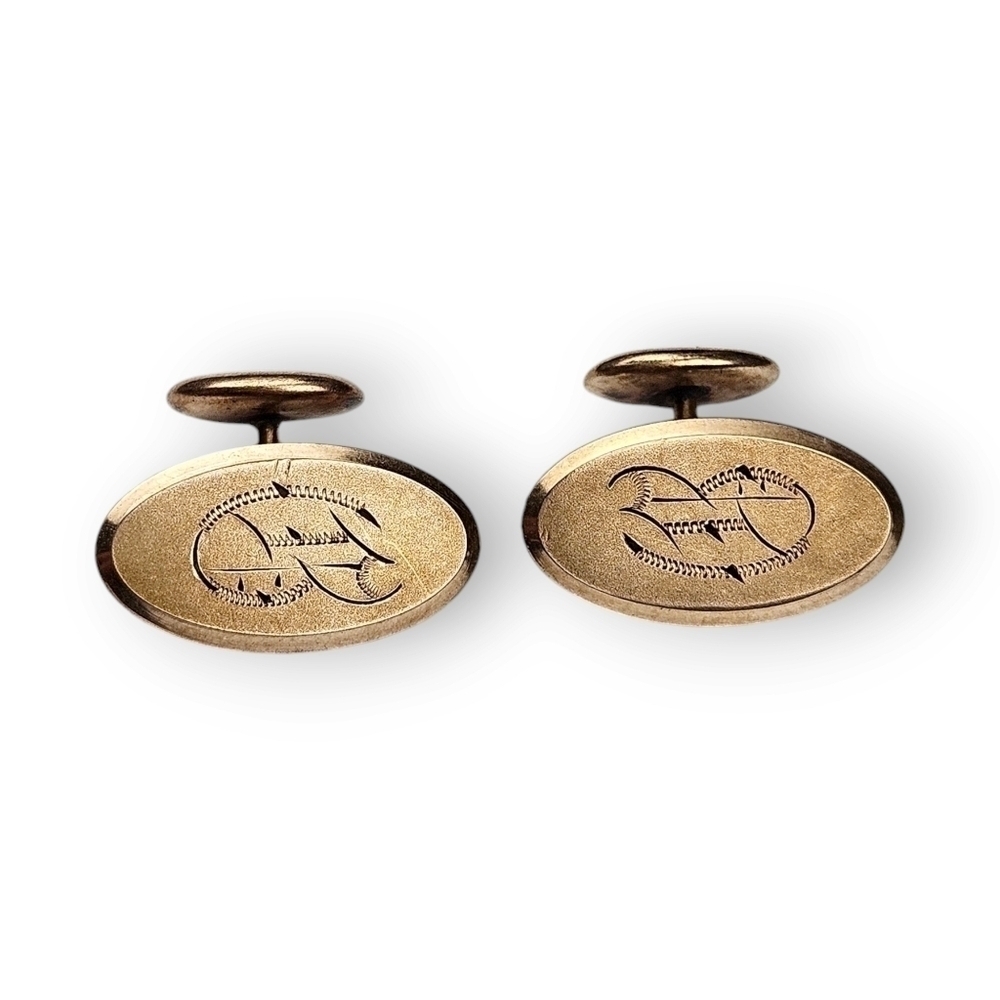 Antique Edwardian Cufflinks G Initial Monogram Gold Fill Oval Bean Back Pebon